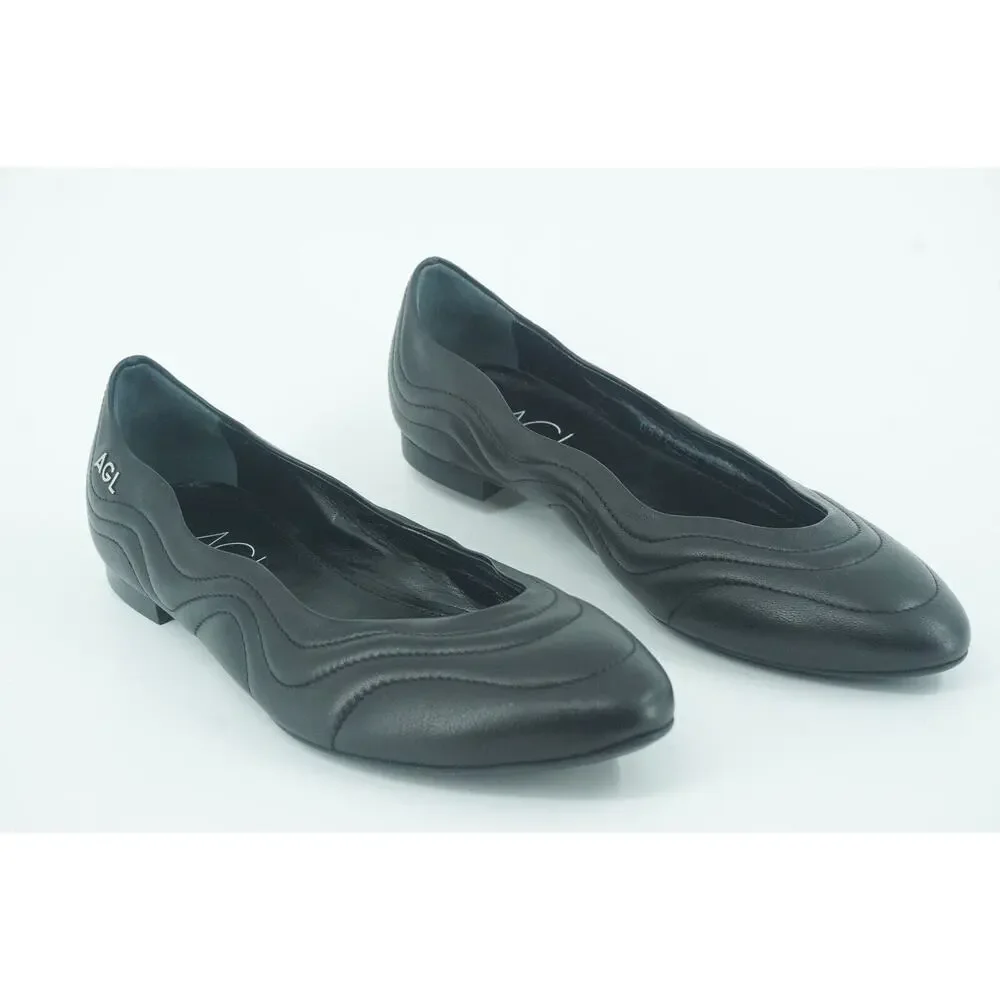 AGL Black Leather Miledy AlmondToe Quilted Ballet Flat SZ 39.5 New $380
